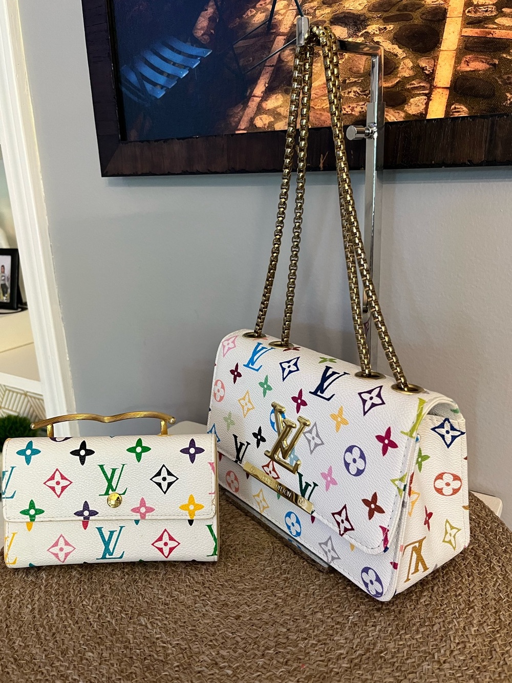 Fashion White Multicolor Monogram Shoulder Bag with Gold Chain & Wallet - Picture 2 of 4